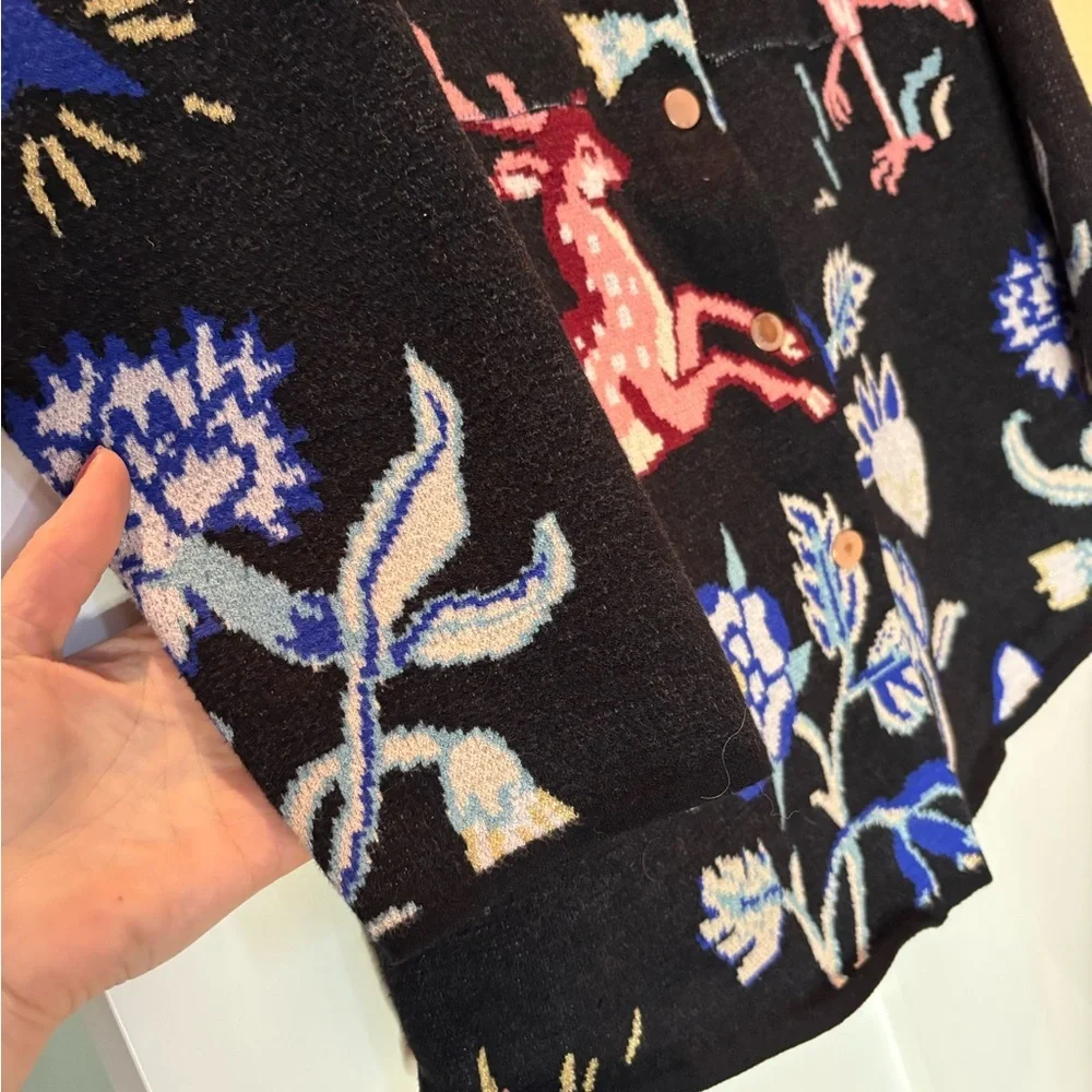 183 Anthropologie Icon Sweater Coat Jacket Deer Flamingo Animals Black size M - Picture 9 of 12